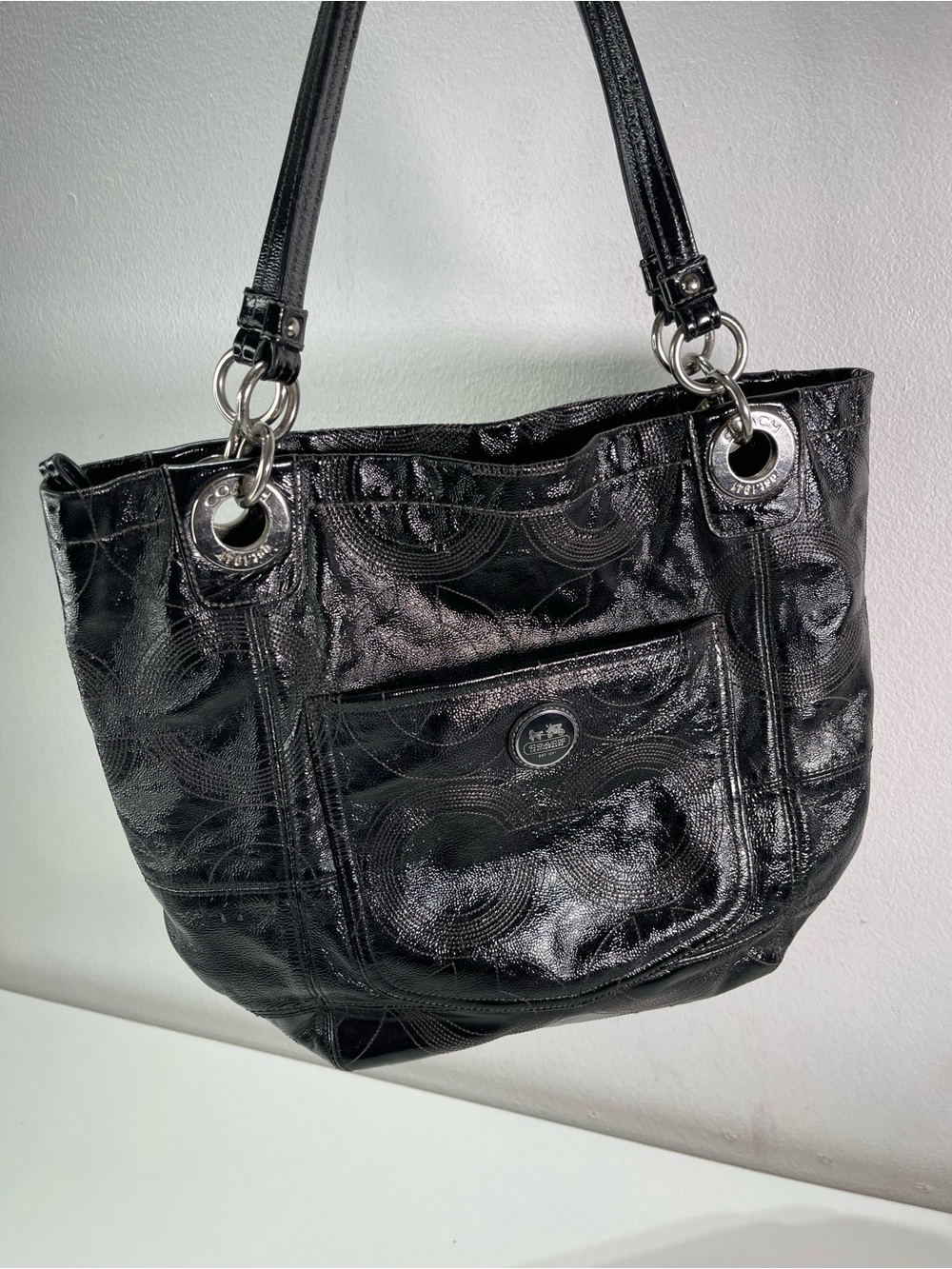 Vintage Y2K Coach Signature Patent Leather Black Shoulder Bag Grunge Goth